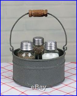 Unique Primitive Industrial Round Bucket MASON Jar Salt Pepper & Toothpick Caddy