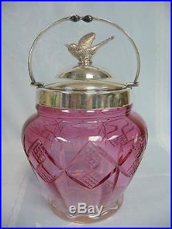 VICTORIAN CRANBERRY TO CLEAR CUT GLASS BISCUIT JAR withSILVER PLATE LID & HANDLE