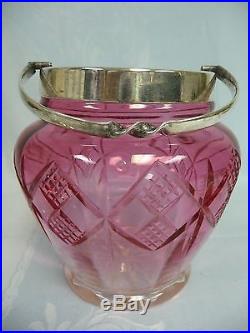VICTORIAN CRANBERRY TO CLEAR CUT GLASS BISCUIT JAR withSILVER PLATE LID & HANDLE