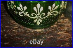 VICTORIAN FRENCH VANITY JAR GREEN GLASS SILVER PLATED LID HP MORIAGE LATE 1890s
