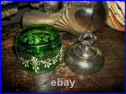 VICTORIAN FRENCH VANITY JAR GREEN GLASS SILVER PLATED LID HP MORIAGE LATE 1890s