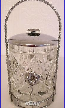 Vintage Art Deco Style Glass Storage Bon Bon Jar Metal Chrome Floral LID Handle