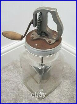 VINTAGE BUTTER CHURN Glass Jar Wooden Handle Metal Paddle Screw Lid