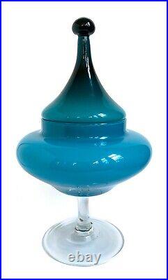 VINTAGE EMPOLI ART GLASS Apothecary Jar Pedestal Dish Teal Blue Italy Midcentury