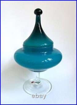 VINTAGE EMPOLI ART GLASS Apothecary Jar Pedestal Dish Teal Blue Italy Midcentury