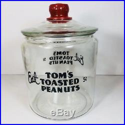 VINTAGE Eat Toms TOASTED PEANUTS 5c GLASS JAR withGLASS LID Red TOMs Handle