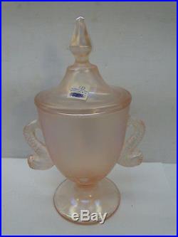 VINTAGE FENTON GLASS VELVA ROSE PINK STRETCH FOOTED CANDY JAR LID DOLPHIN HANDLE