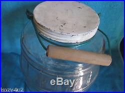 Vintage Glass Barrel Pickle Jar Metal Top Wire Bail Wood Handle Store Display
