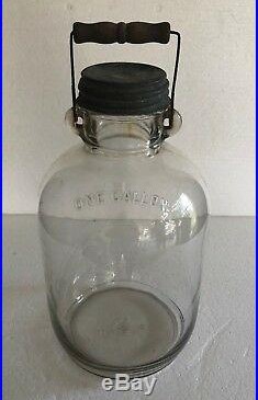 VINTAGE GLASS JUG JAR with WIRE WOODEN BAIL HANDLE 1-GALLON