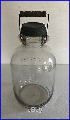 VINTAGE GLASS JUG JAR with WIRE WOODEN BAIL HANDLE 1-GALLON