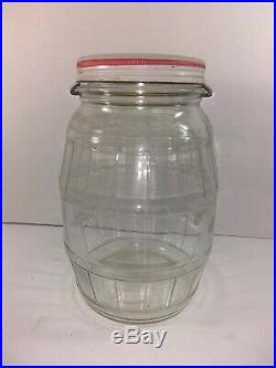 VINTAGE LG OLD GLASS BARREL SHAPED JAR WithLID and Metal HANDLE Peanut Butter JAR
