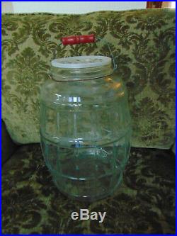 VINTAGE LG OLD GLASS BARREL SHAPED PICKLE JAR WithLID, HANDLE & RED WOOD HAND GRIP