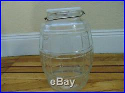 VINTAGE LG OLD GLASS BARREL SHAPED PICKLE JAR WithLID, HANDLE & RED WOOD HAND GRIP