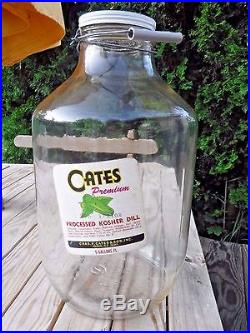 VINTAGE Original CATES Pickles 5 Gallon Glass Jar w Label-Metal Lid+ Bale Handle
