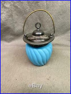 VINTAGE POWDER BLUE ART GLASS BISCUIT JAR With SILVER PLATE RIM TOP & HANDLE