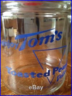 VINTAGE TOMS TOASTED peanut jar RED KNOB/HANDLE LID GLASS SM. DING COUNTER DISPL