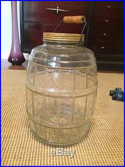 VINTAGE glass BARREL STYLE GENERAL STORE Pickle Candy Jar Wooden Handle Antique