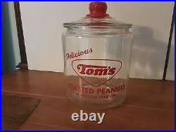VTG 40s Toms Toasted Peanuts Glass Jar Lid Red Embossed Handle Store Display