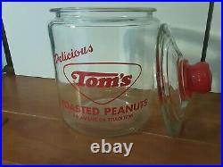 VTG 40s Toms Toasted Peanuts Glass Jar Lid Red Embossed Handle Store Display