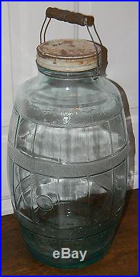 Vtg Aqua Blue Large 5 Gallon Glass Barrel Pickle Jar Owens Illinois Bail Handle