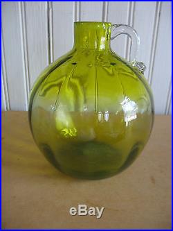 VTG BLOWN GLASS PONTIL JUG BOTTLE JAR APPLIED HANDLE GREEN Vaseline glass