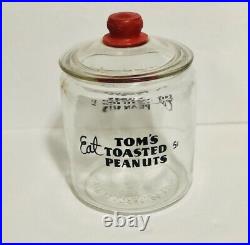VTG Eat Toms Toasted Peanuts 5 Cent Glass Jar withLid & Toms Embossed Handle READ