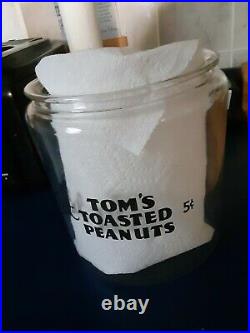 VTG Eat Toms Toasted Peanuts 5 Cent Glass Jar withLid & Toms Embossed Handle READ