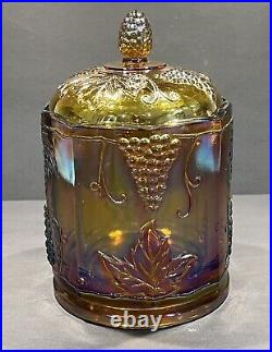 VTG Large Iridescent Indiana Carnival Glass Canister Marigold Harvest Grape 8.5