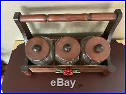 VTG Set three Wood Top Glass Jars in Wood Box Holder with Handle by Royol Box