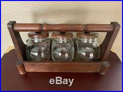 VTG Set three Wood Top Glass Jars in Wood Box Holder with Handle by Royol Box