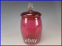 Val St Lambert VSL French Cranberry Glass Crystal Handle Lidded Vanity Jar