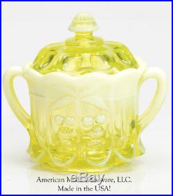Vaseline Opalescent Glass Cherry & Cable Pattern 2 Handled Cracker Jar