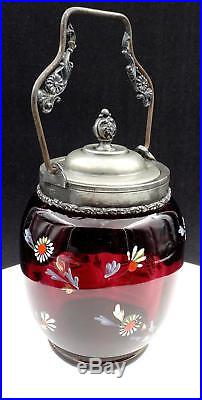 Victorian Amethyst Glass Enamel Floral Pewter Handled 10 1/4 Biscuit Barrel