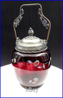 Victorian Amethyst Glass Enamel Floral Pewter Handled 10 1/4 Biscuit Barrel