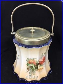 Victorian Antique England Cracker Biscuit jar brass lid handle rose blue