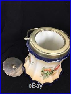 Victorian Antique England Cracker Biscuit jar brass lid handle rose blue