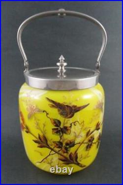 Victorian BISCUIT/cracker JAR Marbled YELLOW art glass BIRD & Butterflies