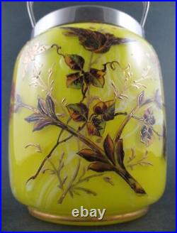 Victorian BISCUIT/cracker JAR Marbled YELLOW art glass BIRD & Butterflies