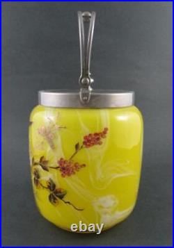 Victorian BISCUIT/cracker JAR Marbled YELLOW art glass BIRD & Butterflies