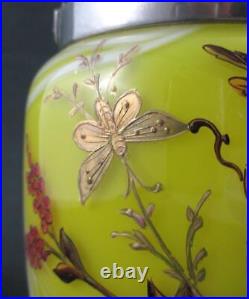 Victorian BISCUIT/cracker JAR Marbled YELLOW art glass BIRD & Butterflies