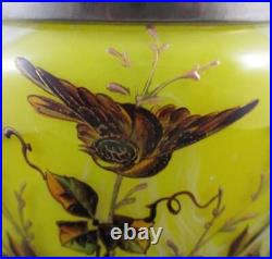 Victorian BISCUIT/cracker JAR Marbled YELLOW art glass BIRD & Butterflies