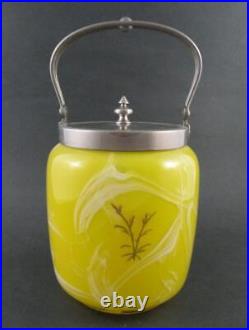 Victorian BISCUIT/cracker JAR Marbled YELLOW art glass BIRD & Butterflies