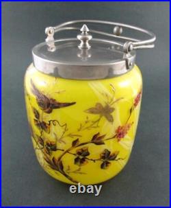 Victorian BISCUIT/cracker JAR Marbled YELLOW art glass BIRD & Butterflies