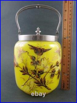 Victorian BISCUIT/cracker JAR Marbled YELLOW art glass BIRD & Butterflies