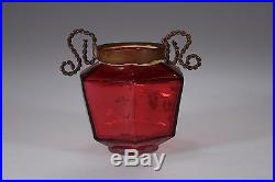 Victorian CRANBERRY Gold Enameled 6 Panel Bohemian Handled Jar /no lid