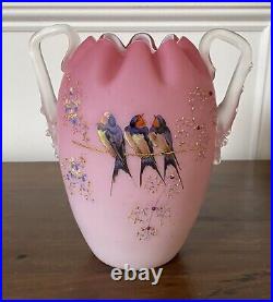 Victorian Cased Glass Handled Vase with Hand Painted Songbirds 6.5