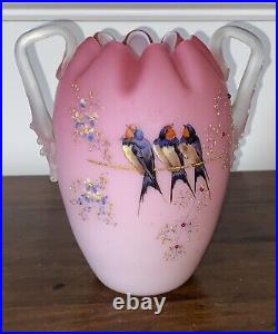 Victorian Cased Glass Handled Vase with Hand Painted Songbirds 6.5