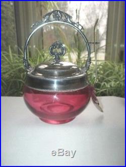 Victorian Cranberry Glass Jam Jar Silver Plate Handle Eastlake Spray Spoon