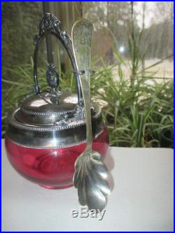Victorian Cranberry Glass Jam Jar Silver Plate Handle Eastlake Spray Spoon