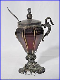 Victorian Cranberry Glass & Silver Plate Snake Handle Jar WithSterling Spoon